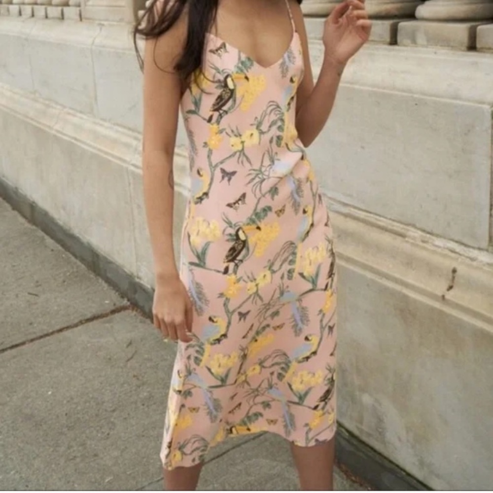 Reformation Pink Floral Midi Slip Dress with Yellow & Green Accents